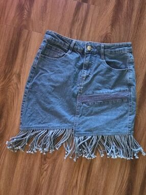 ONE MORE Denim Mini Skirt With Fringe Size Medium
